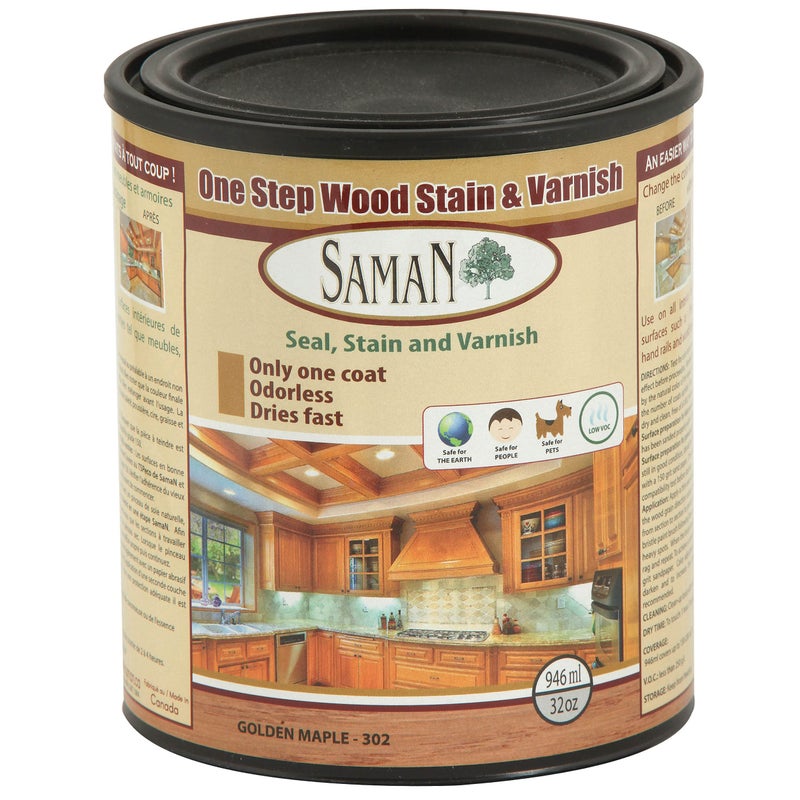 SamaN Interior One Step Wood Seal, Stain and Varnish - Oil Based Odorless Dye - Protection for Furniture and Fine Wood (Golden Maple SAM-302, 32 oz) - Image 1